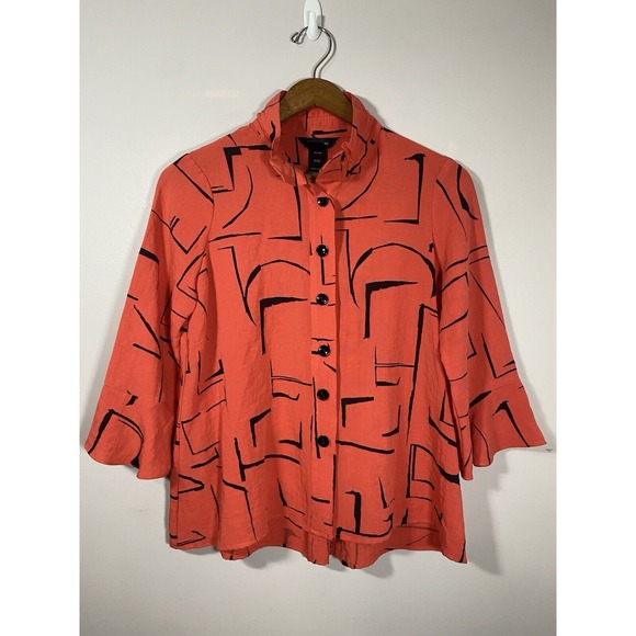 Ali Miles‎ Top Tunic Women PS Artsy Geometric Lagenlook Button Up Wired Collar - Picture 1 of 8